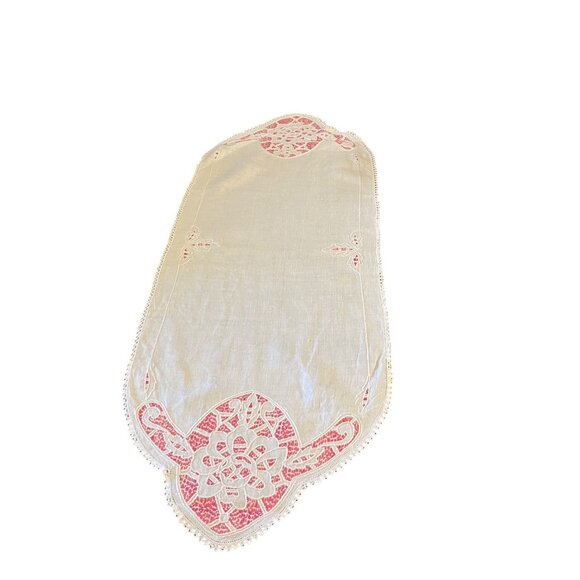 Vintage Linen Table Runner Cream Pink Cutwork Embroidered Floral Lace 45” Used - Picture 3 of 16